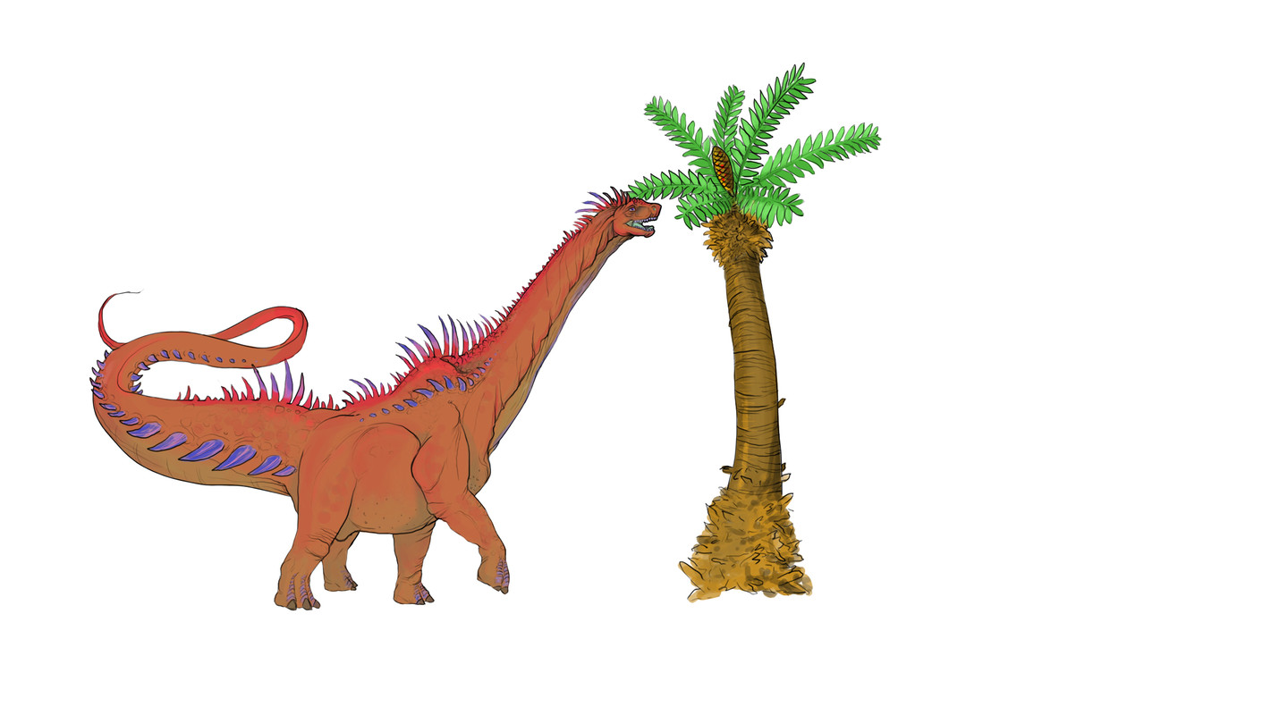 Een Alamosaurus die van Zamia at.