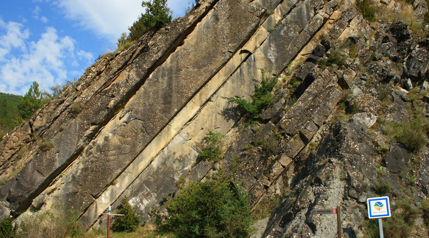 Verschillende lagen sedimentair gesteente op elkaar in de Pyreneeën bij Castiello de Jaca.