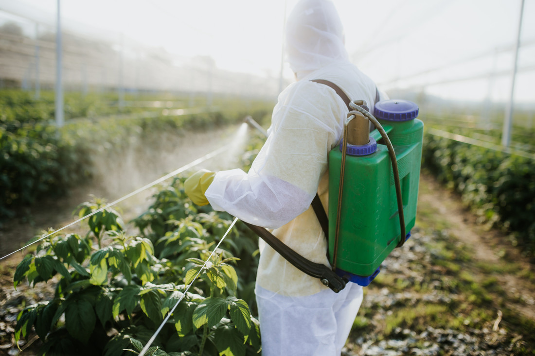 Een boer beschermt zijn planten met een giftig bestrijdingsmiddel. Dat is helaas niet goed voor het milieu.
