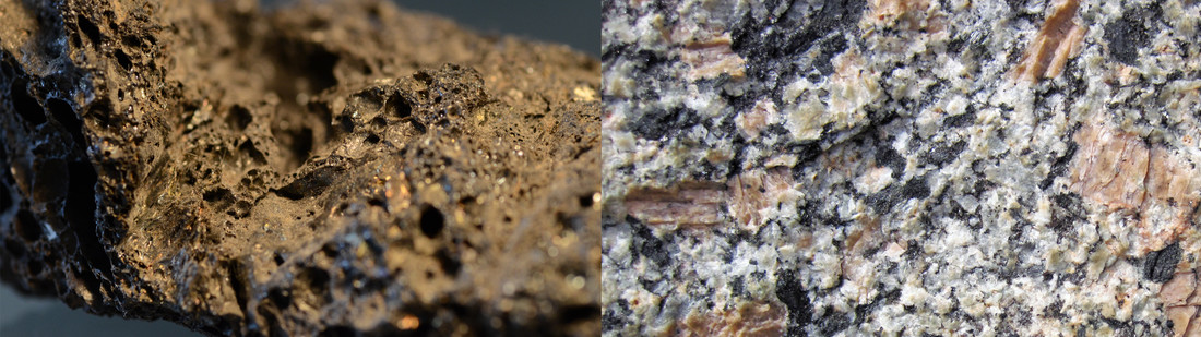 Gaatjes: vulkanisch gesteente (links) en glinsters: graniet (rechts).