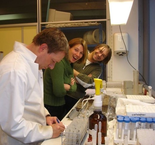 Wetenschappers bestuderen in het lab een boorkern