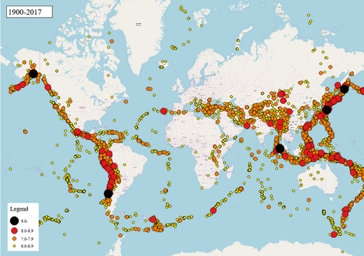 Een kaart van de wereld met rode puntjes erop die aangeven waar alle zware aardbevingen hebben plaatsgevonden van 1900 tot 2017