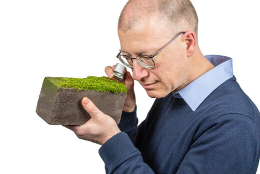 Michael Stech bekijkt mos op een steen met zijn loep.