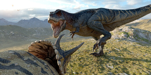 Tyrannosaurus rex dreigend tegenover Triceratops horridus in bergachtig gebied