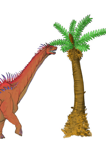 Een Alamosaurus die van Zamia at.