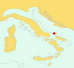 Het eiland Gargano (rode stip) in Italie, ongeveer 5 miljoen jaar geleden.
