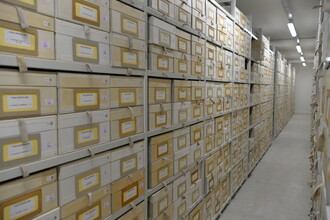 Een gang met dozen waarin herbariumvellen liggen opgeslagen