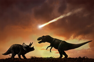 Een triceratops (links) en een T.rex (rechts) zien de meteoriet aankomen.